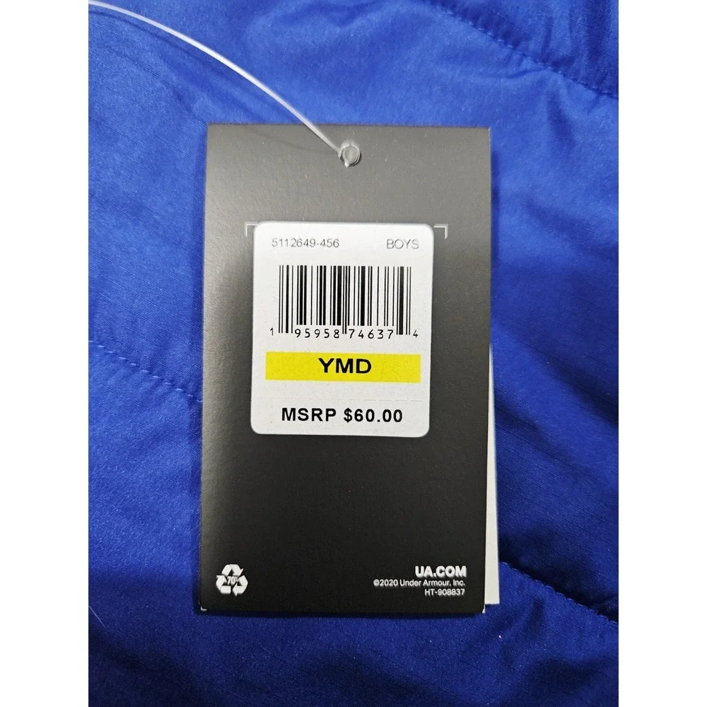 NWT Under Armour Puffer Vest Blue Boys Size YMD Hooded Winter Cozy Zip‎